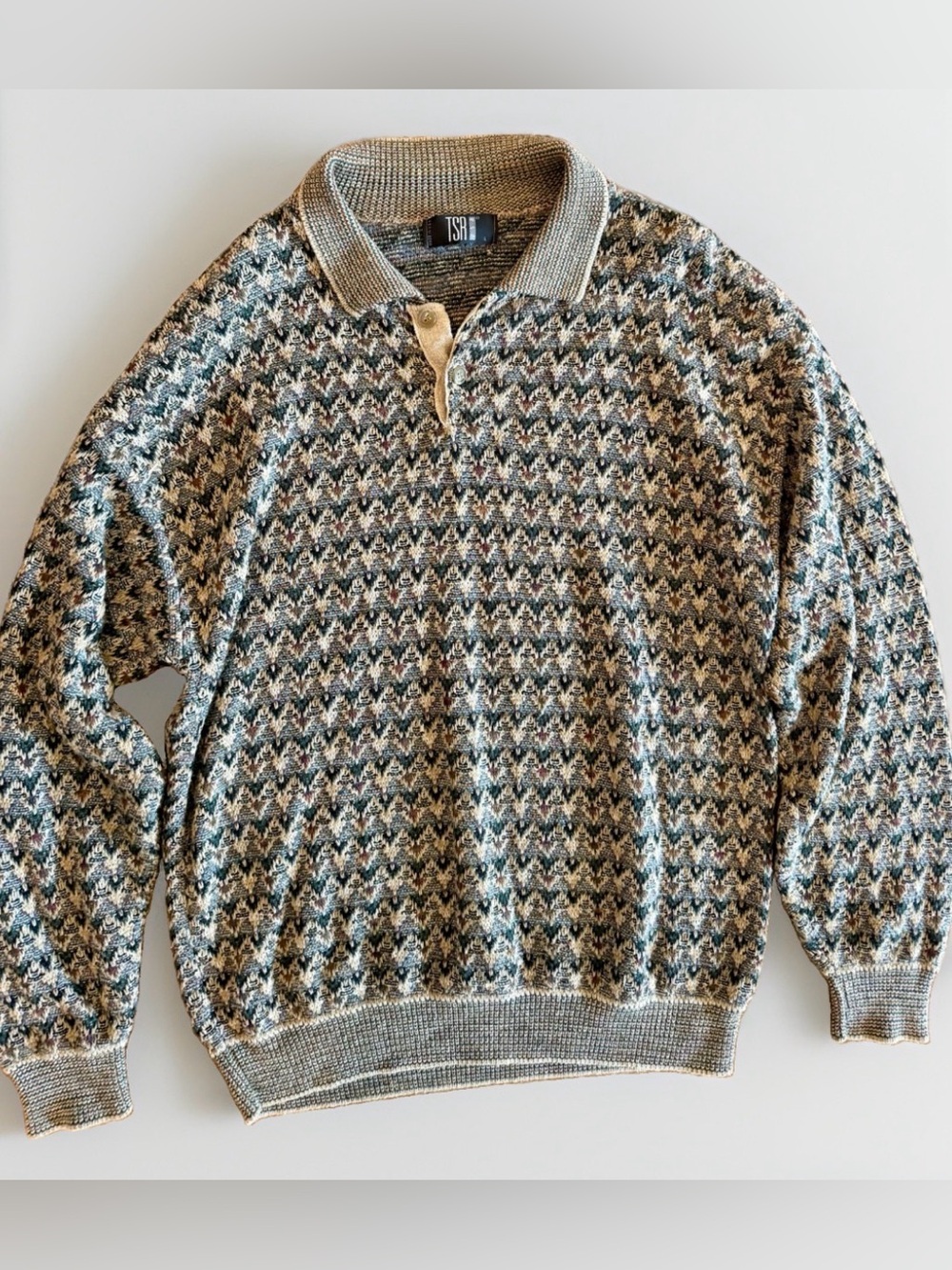 Vintage 90s TSR USA Knit Sweater Mens L Geometric Textured Grandpa Coogi Style